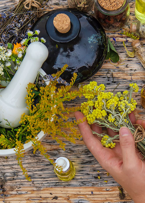 Hands working with botanicals and food grade ethanol to make tincture