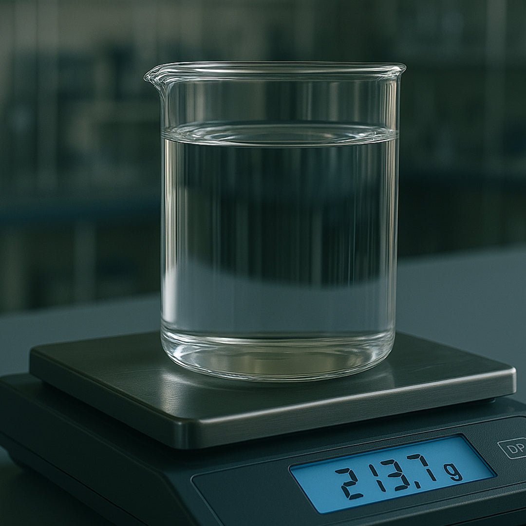 beaker of diluted food grade ethanol on a scale in a laboratory setting