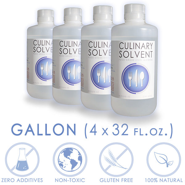 1 gallon of 200 proof food grade ethanol with icons representing "zero additives", "non-toxic", "gluten free", "100% natural" by Culinary Solvent