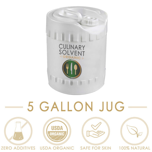 Organic Perfumers Alcohol bulk 5 gallon jug by Culinary Solvent with icons representing "zero additives", "USDA organic", "Safe for skin", "100% natural"