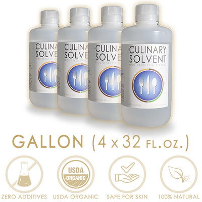 Organic Perfumers Alcohol 4x quart bottles by Culinary Solvent with icons representing "zero additives", "USDA organic", "Safe for skin", "100% natural"