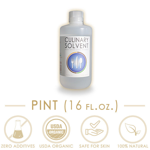 Organic Perfumers Alcohol Pint bottle by Culinary Solvent with icons representing "zero additives", "USDA organic", "Safe for skin", "100% natural"