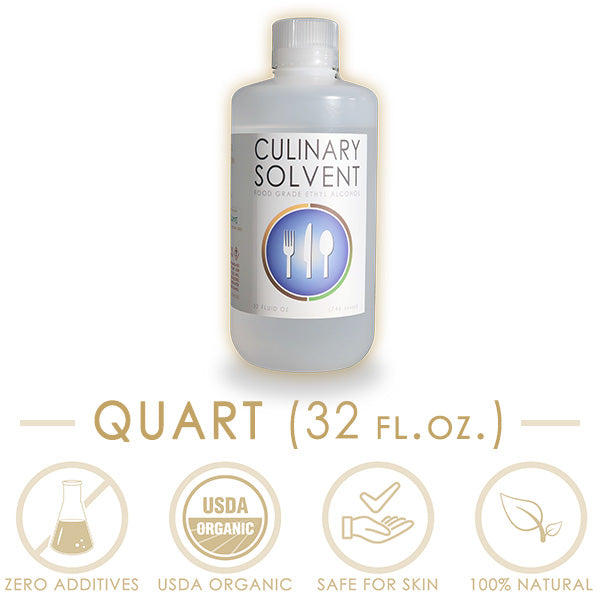Organic Perfumers Alcohol Quart bottle by Culinary Solvent with icons representing "zero additives", "USDA organic", "Safe for skin", "100% natural"