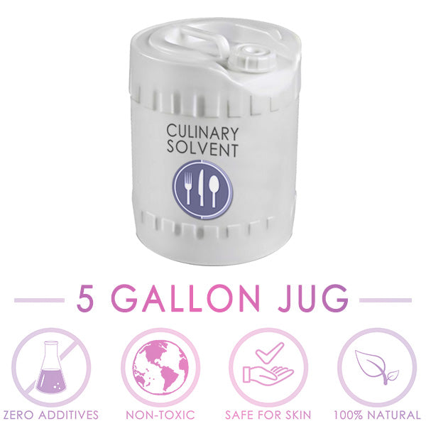 Perfumers Alcohol bulk 5-gallon jug by Culinary Solvent with icons representing "zero additives", "non-toxic", "Safe for skin", "100% natural"