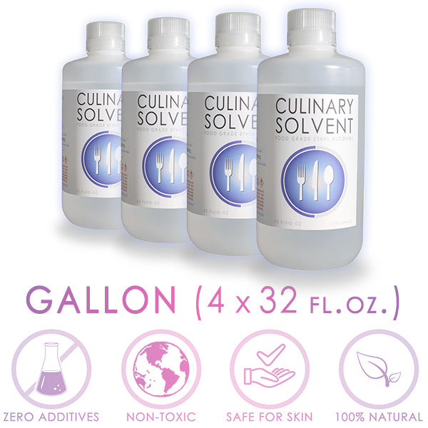 Perfumers Alcohol 4x quart bottles by Culinary Solvent with icons representing "zero additives", "non-toxic", "Safe for skin", "100% natural"