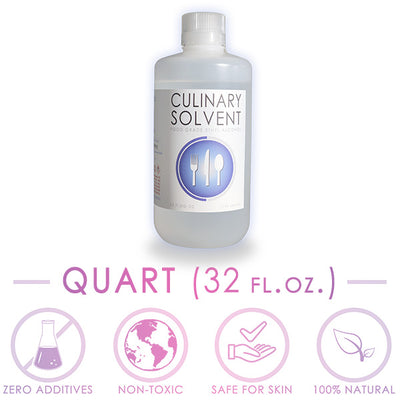 Perfumers Alcohol quart (32 fl oz) bottle by Culinary Solvent with icons representing "zero additives", "non-toxic", "Safe for skin", "100% natural"
