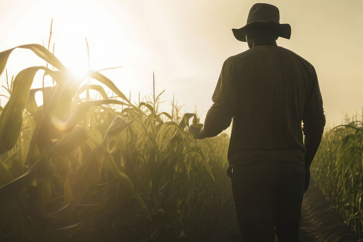 farmer walking field of organic corn to become food grade ethanol