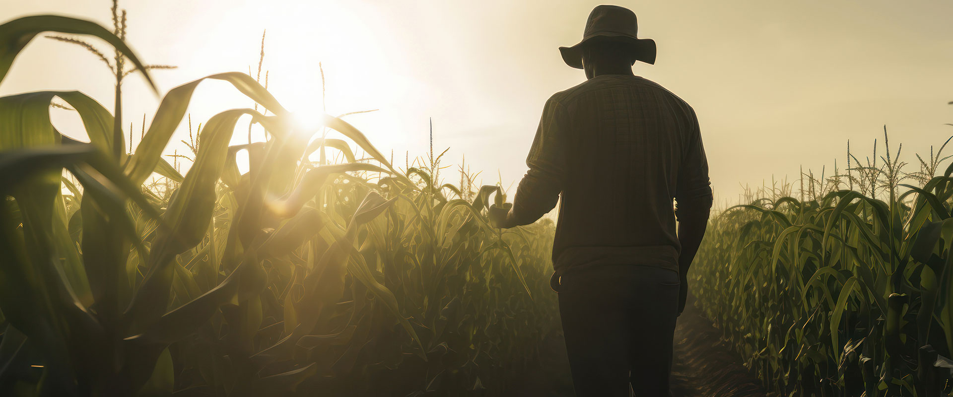 farmer walking field of organic corn to become food grade ethanol