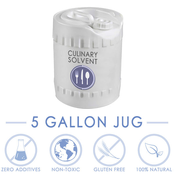 5-gallon bulk jug 200 proof food grade ethanol with icons representing "zero additives", "non-toxic", "gluten free", "100% natural" by Culinary Solvent