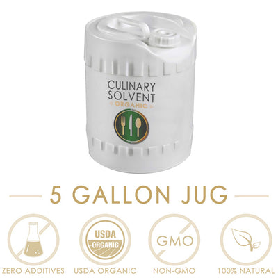 5-gallon bulk organic 200 proof food grade ethanol with icons representing "zero additives", "USDA Organic", "non-GMO", "100% natural" by Culinary Solvent