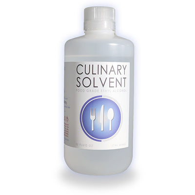 A solitary bottle of Culinary Solvent 200 Proof Food Grade Ethanol on a white background