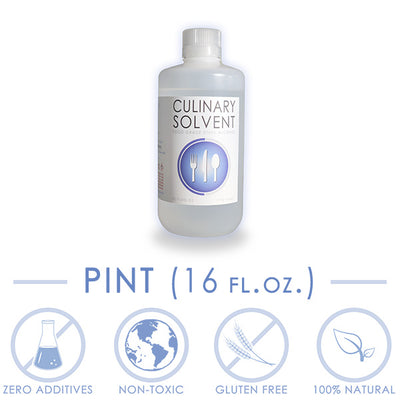 Pint (16 fl.oz) HDPE bottle 200 proof food grade ethanol with icons representing "zero additives", "non-toxic", "gluten free", "100% natural" by Culinary Solvent