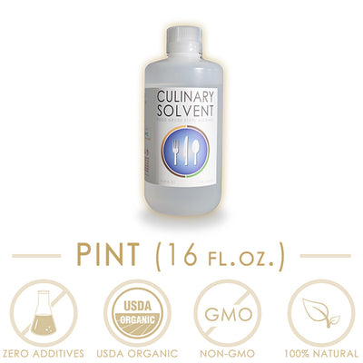 Pint (16 fl.oz.) HDPE bottle organic 200 proof food grade ethanol with icons representing "zero additives", "USDA Organic", "non-GMO", "100% natural" by Culinary Solvent