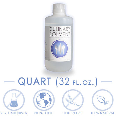 Quart (32 fl.oz) HDPE bottle 200 proof food grade ethanol with icons representing "zero additives", "non-toxic", "gluten free", "100% natural" by Culinary Solvent