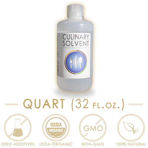 Quart (32 fl.oz.) HDPE bottle organic 200 proof food grade ethanol with icons representing "zero additives", "USDA Organic", "non-GMO", "100% natural" by Culinary Solvent